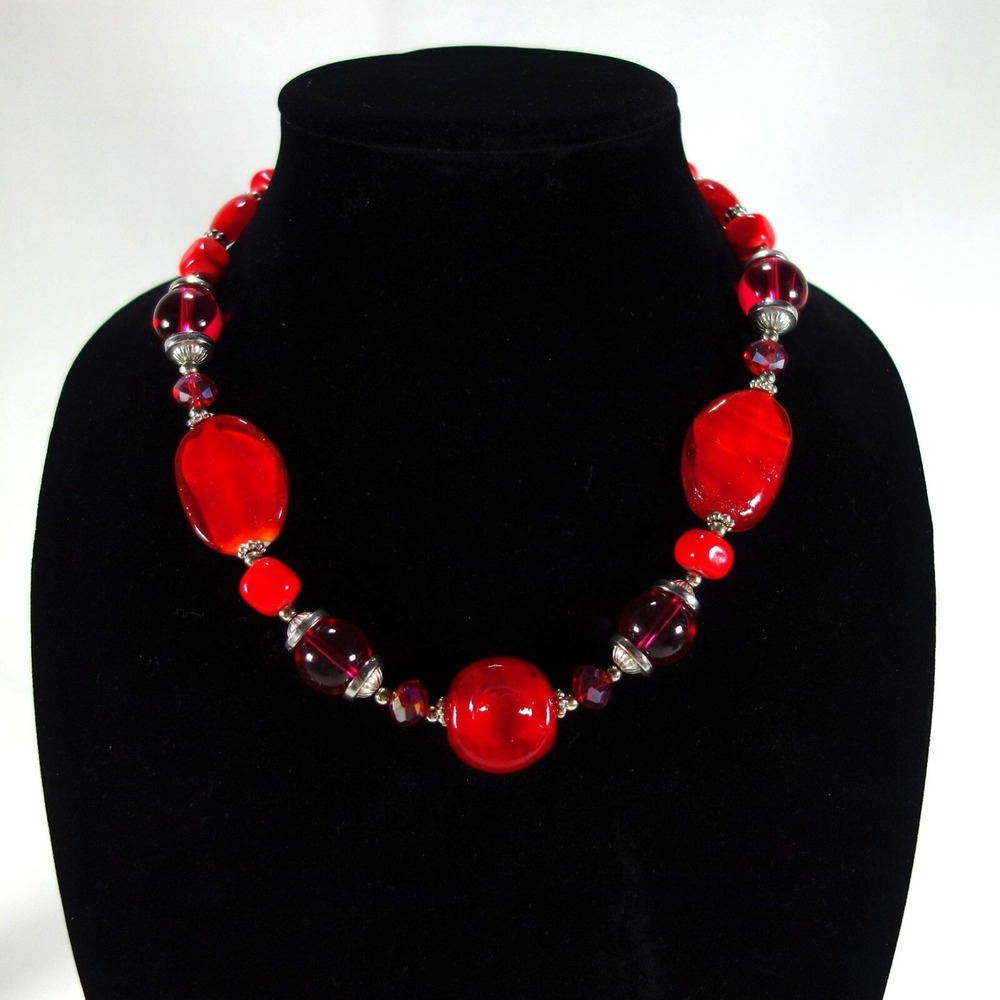 Red Glass Bead Statement Chunky Adjustable Silver Tone Necklace